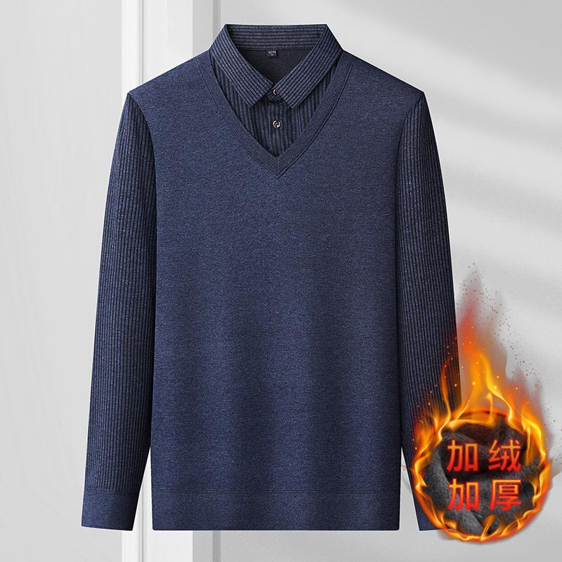 WAMLBN2025男士假两件秋冬新款韩版带领针织衫加绒衬衫领秋冬季加绒加厚 藏青 2XL 【150-165斤】