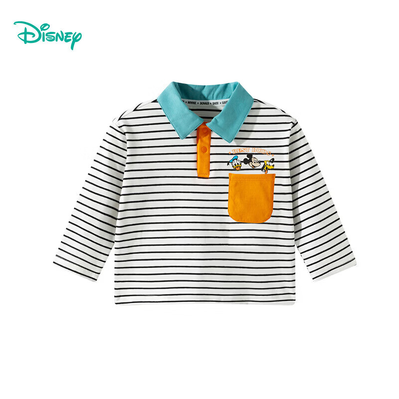 迪士尼（Disney）男女童春秋季甜美卡通长袖T恤运动休闲纯棉亲肤7A级抗菌上衣童装 黑白条纹polo衫 140 （建议8-10岁身高130-140cm)
