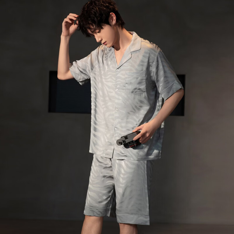 雪中飞冰丝睡衣男士夏天薄款短袖夏季款仿真丝绸套头家居服套装2026新款 NSCBF-水波浮纹-开衫款 【缎面冰丝】 4XL 【建议175-195斤】