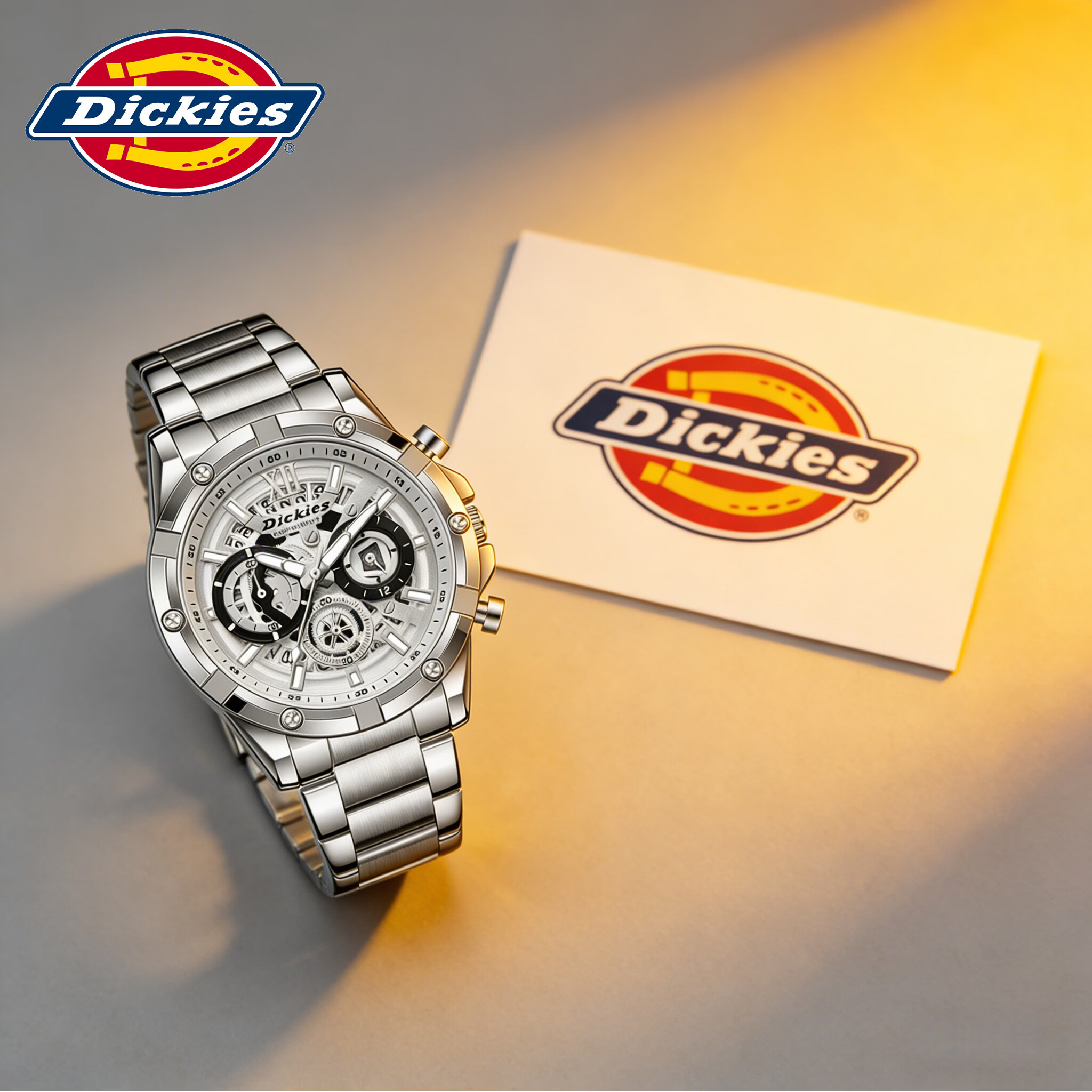 Dickies手表男士商务石英表学生三眼多功能高中时尚潮流男生机械风腕表 黑表盘