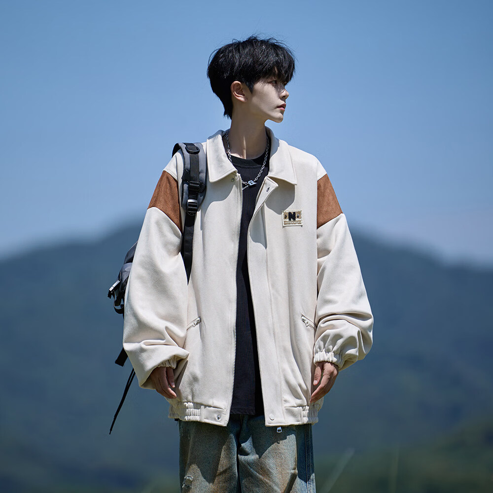 NEW OR MODE美式撞色棒球服外套男春季新款潮流宽松大码飞行员夹克休闲上衣服 米色【高品质】 XL 【建议125-145斤】