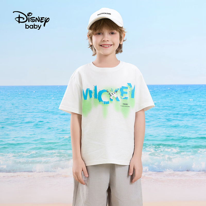 迪士尼(Disney)童装男女童纯棉短袖t儿童圆领时尚短袖T恤上衣2026夏季新款中大童 本白 130 高125-135cm重50-60斤