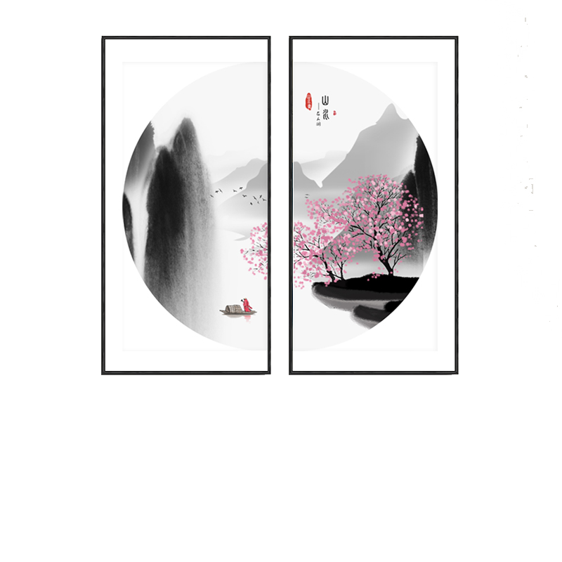 墨派 新中式客廳裝飾畫沙發(fā)背景墻壁畫兩聯(lián)山水墨畫半圓組合掛畫 世外桃源 50x100+50x100cm油畫布