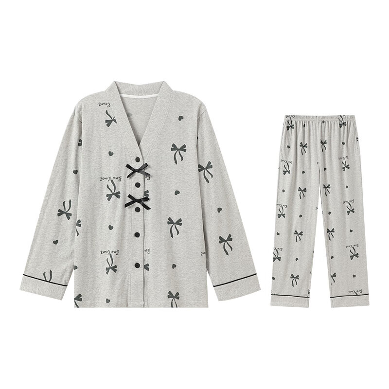 芬腾睡衣女【纯棉】V领开衫长袖蝴蝶结少女家居服套装 灰色 L