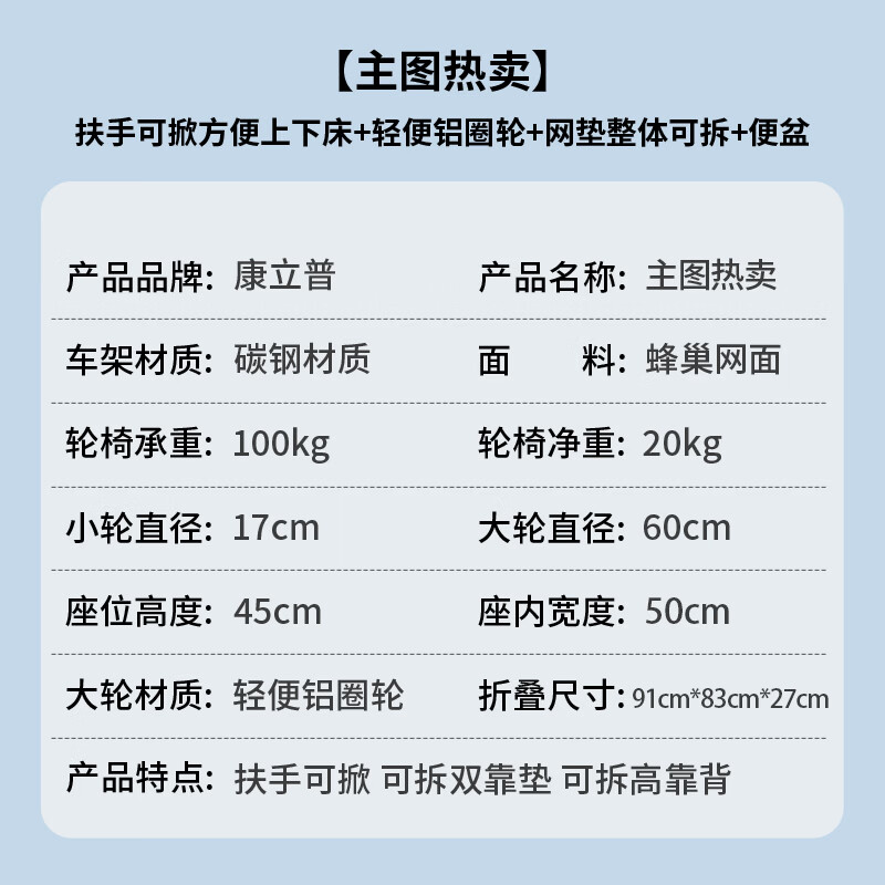 康立普（CANLIPE）轮椅瘫痪老年人可躺可洗澡大小便家用小型轻便折叠专用出行代步车 【主图热卖】扶手可掀+轻便铝圈轮+网垫可拆+赠品