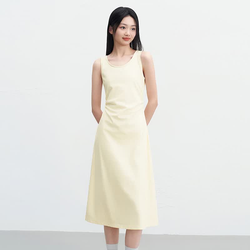 乐町无袖长款针织连衣裙女2025年夏季新款简约开叉韩系通勤裙子 奶油米（现货） M