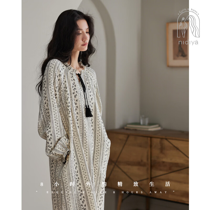 妮狄娅睡衣睡裙女春季纯棉纱布长袖优雅复古花卉中长裙春秋家居服 米黄 TF26105 M 【参考体重85-105斤】