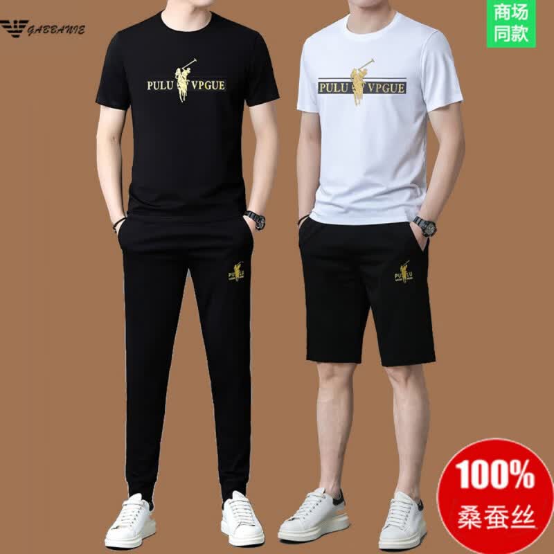 阿玛尼（ARMANI）意大利正品高端名牌男士休闲运动套装夏季新款桑蚕丝短袖t恤薄款 一线品牌13030黑色三件套 XL 180码(建议155-170斤穿)