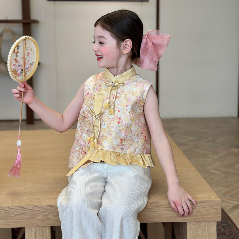 栀了成长记童装女童国风立领马甲2026春季儿童新中式百搭无袖上衣 黄色 马甲 150 cm