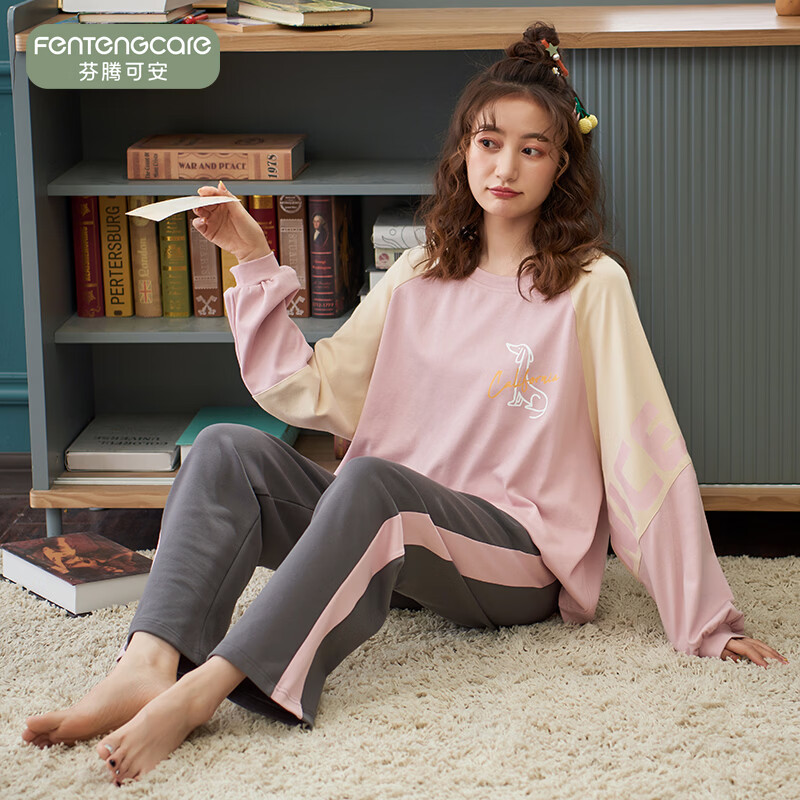 芬腾可安（FENTENGCARE）【DK】双面纯棉2026睡衣女春秋新款宽松套头长袖可外穿家居服套装 3414 2XL
