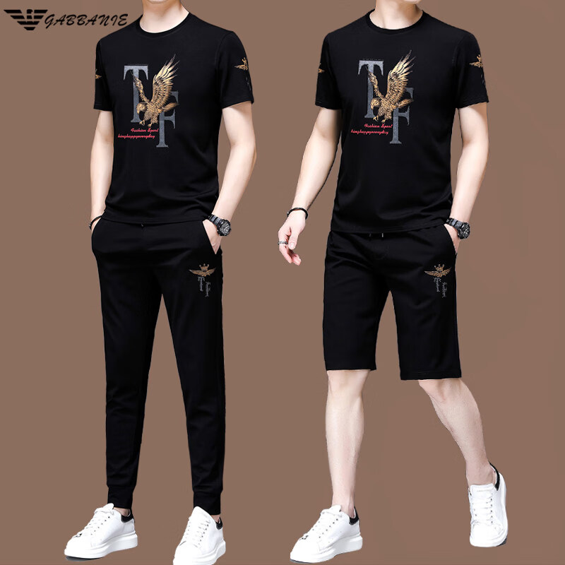 阿玛尼（ARMANI）正品名牌男士休闲运动服套装男夏季桑蚕丝短袖t恤潮男装三件套 国际一线品牌19362黑色短袖+长裤 M 165_【建议90-120斤】