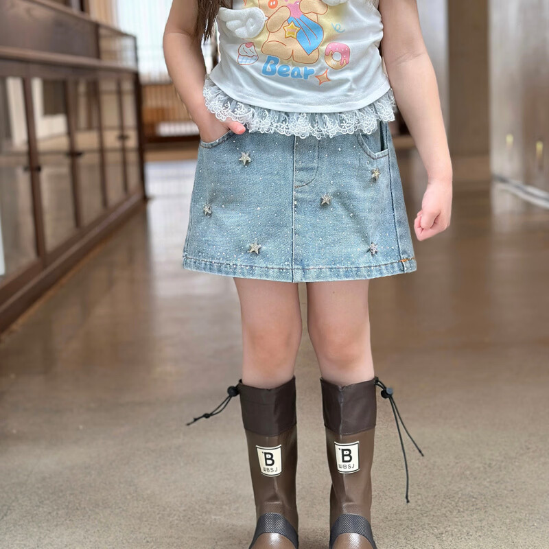 栀了成长记童装女童韩版烫钻半身裙2026春季儿童时髦宽松牛仔短裙 蓝色 半身裙 110 cm