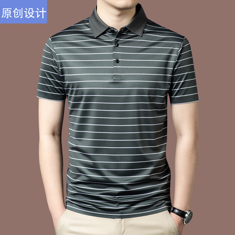 阿玛尼（ARMANI）正品品牌桑蚕丝短袖t恤男夏季中年条纹高端真丝polo衫翻领上衣 国际一线品牌蓝色 M 165__建议90斤到120斤穿