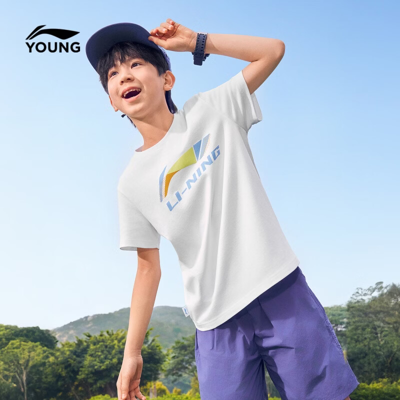 李宁（LI-NING）童装儿童短袖男女小大童棉质亲肤舒适宽松T恤文化衫160YHSW151-1