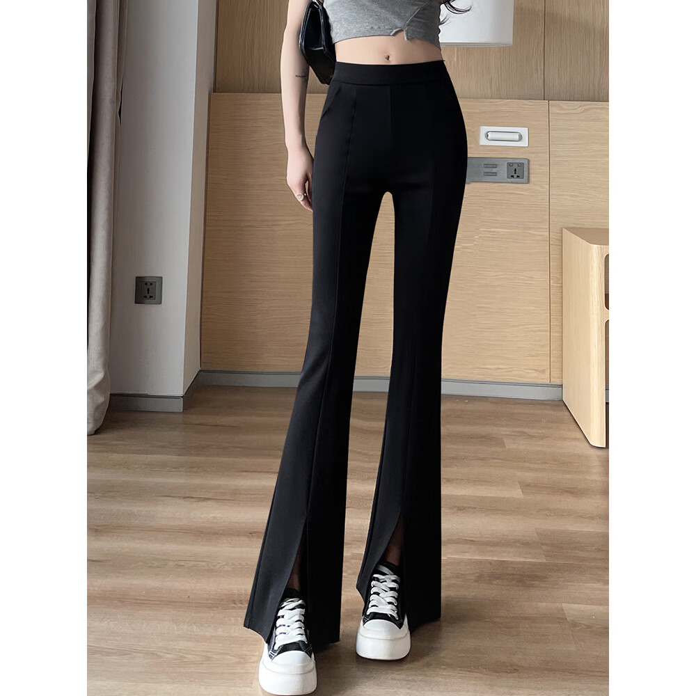 WAMLBN前开叉微喇裤子女春秋高腰显瘦大码薄款西裤垂感喇叭长裤 主图色 L