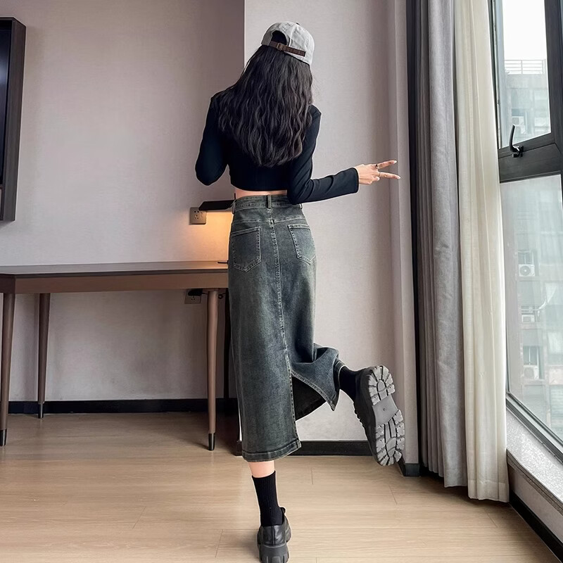 WAMLBN2026春夏季新款复古高腰牛仔裙女开叉显瘦半裙中长款a字半身裙 水泥灰 L