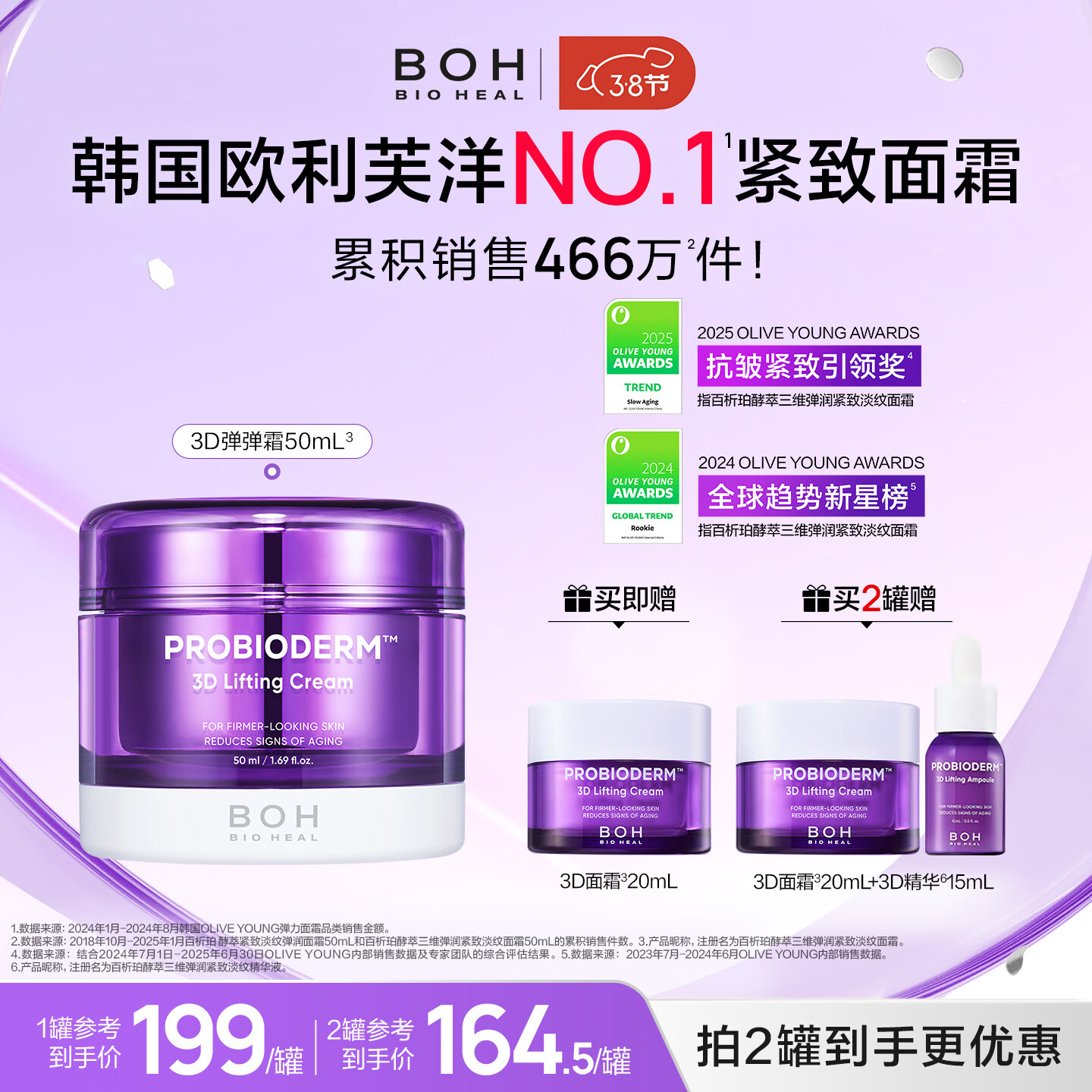 BIOHEAL BOH百析珀韩国酵萃三维弹润紧致淡纹面霜50ml抗皱保湿淡纹 2罐（50ml*2）