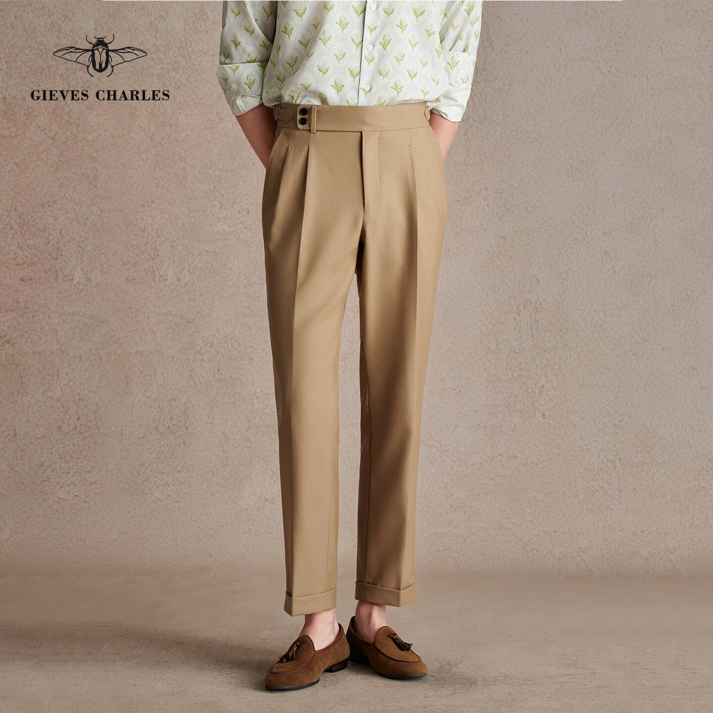 GIEVES CHARLES【早春新品】卡其色羊毛那不勒斯西裤时尚中高腰款双褶休闲西裤男 申布伦黄 量体定制