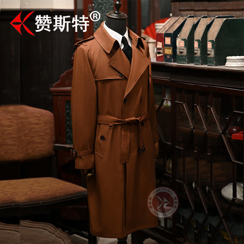 赞斯特品牌春秋季男士trench coat加长款战壕风衣商务休闲大衣 深卡其【长款】 5XL