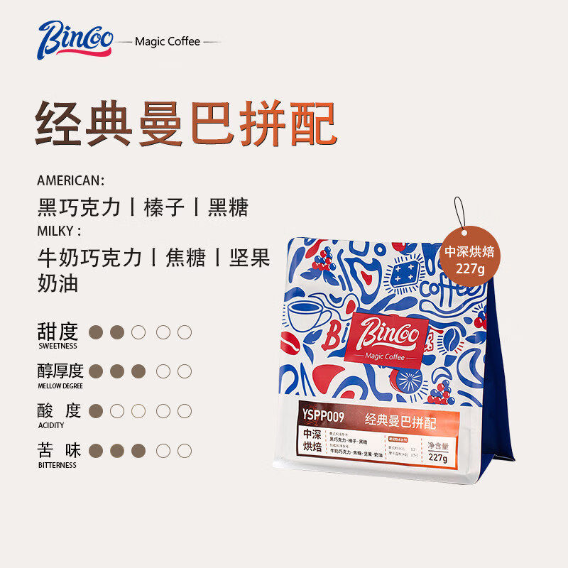 Bincoo意式浓香拼配精品咖啡豆中深烘醇香丰富油脂摩卡壶咖啡机用 曼巴拼配227g