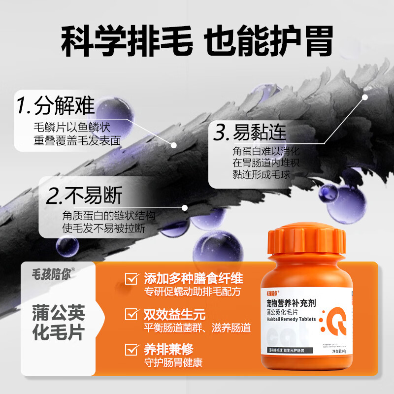 毛孩陪你猫咪蒲公英化毛球片肠胃调理幼猫成猫通用温和排毛吐毛软便护肠胃 【温和排毛】蒲公英化毛片 80g*1瓶