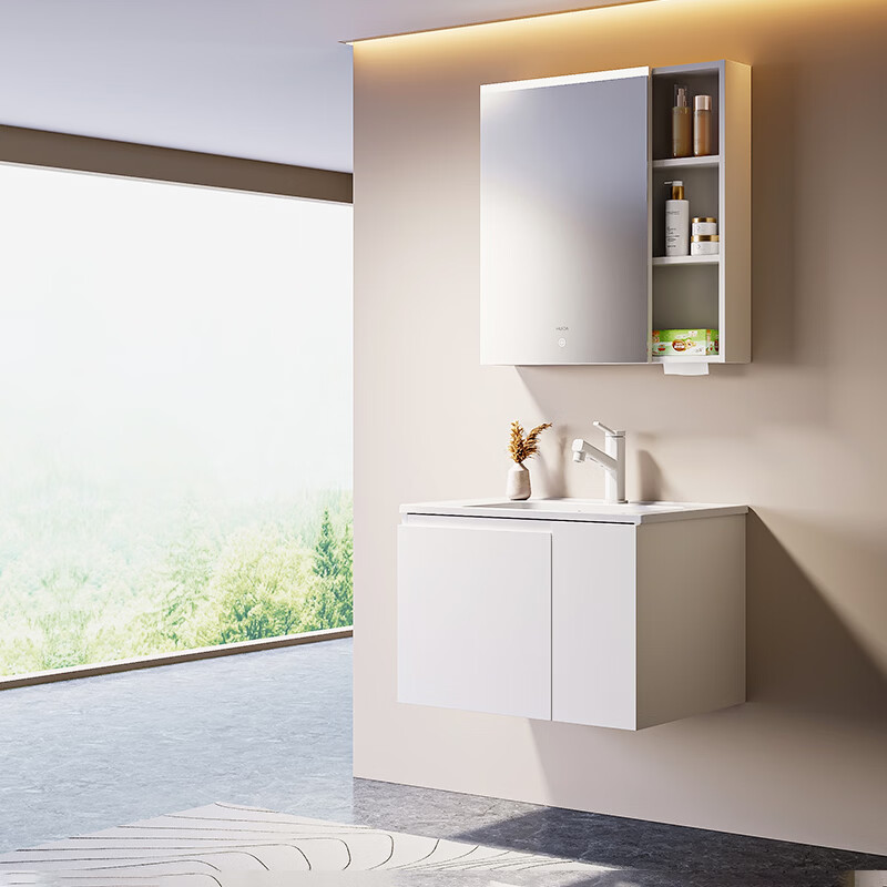 惠达（HUIDA）浴室柜 陶瓷一体盆抗菌洗脸盆柜组合188 奶油象牙白70cm【智能镜柜】