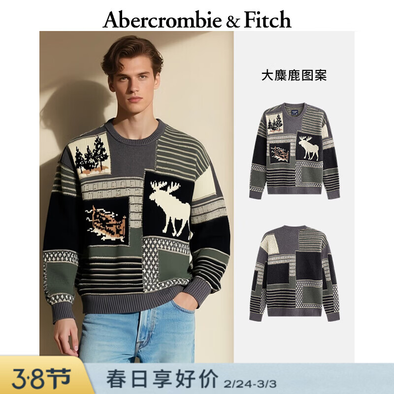 Abercrombie &amp; Fitch【美式复古】大麋鹿图案绒感毛衣针织衫25秋冬男装120-5181 黑灰图案 S (175/92A)