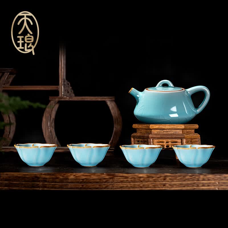 天琅窑哥窑经典石瓢壶套组 高端礼品茶礼 瓷器手工收藏可养开片一壶四杯
