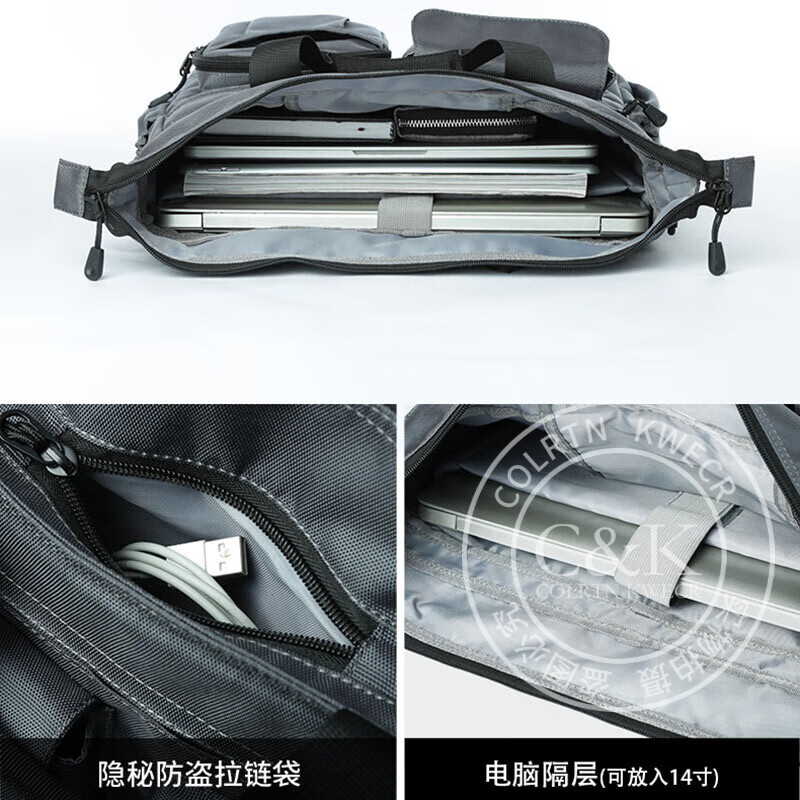 Colrtn Kwecr男士手提包时尚斜挎包商务公文包大容量单肩包横款电脑包奢侈品 CK灰色38*30*11(14英寸) 14英寸