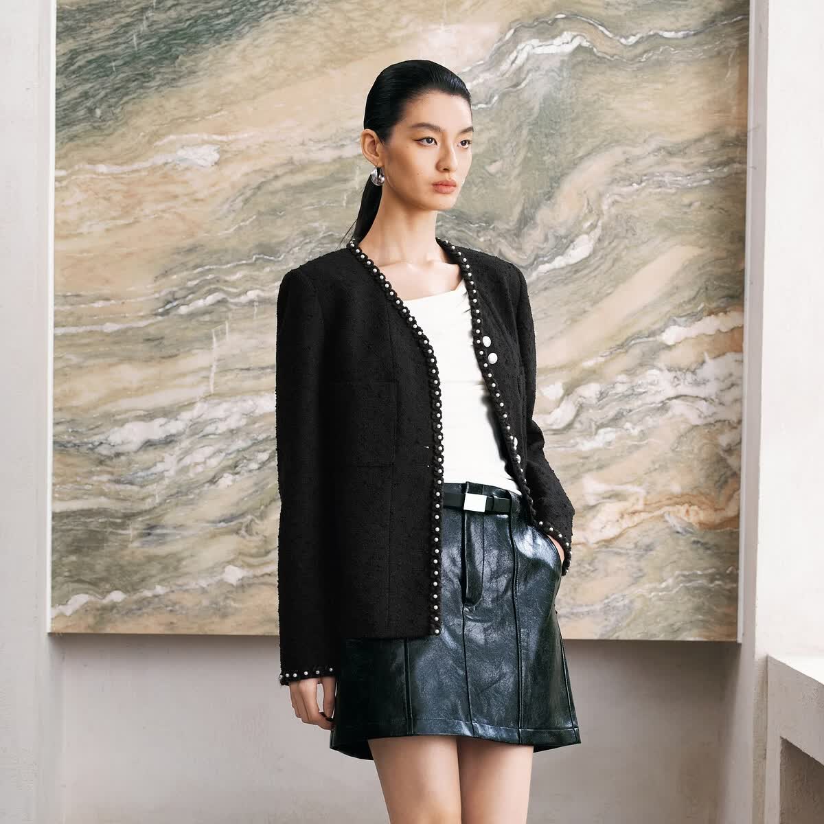 太平鸟秋冬外套集合链接新款女装小香风机车服PU外套冬装夹克 短外套黑 S