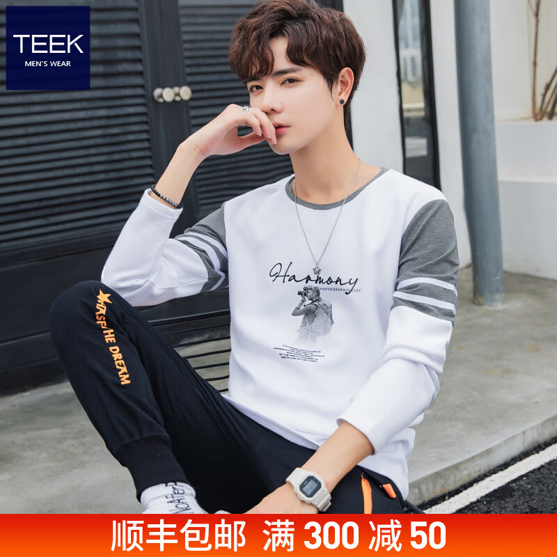 TEEK秋冬季长袖t恤男装上衣服 春秋款青年男士秋衣打底衫圆领休闲体恤 C352白色 M