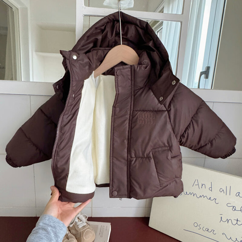 甜贝星秋冬季儿童棉服男童女童中小童宝宝加绒加厚保暖棉袄棉衣PU皮外套 咖啡色 150 cm