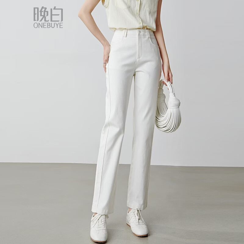 晚白2026年春款休闲棉料牛仔裤立体分割瘦瘦裤舒适高腰显瘦窄版直筒裤 米白色 29