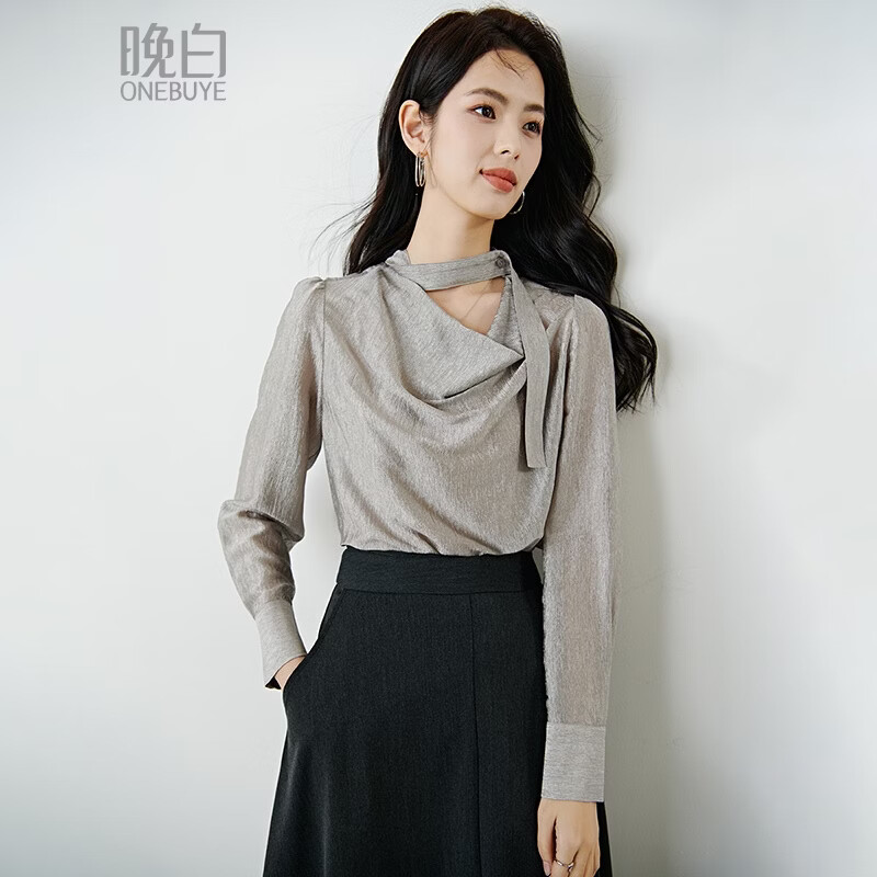 晚白【新品】2026年春款时尚优雅荡领醋酸大码上衣柔软气质知性衬衫女 银灰色 L