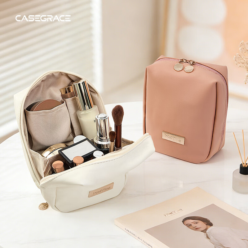 卡瑟格防水化妆包旅行立式收纳女外出便携大容量分区收纳轻奢高级 小方砖立式化妆包-奶油杏【防水耐脏】