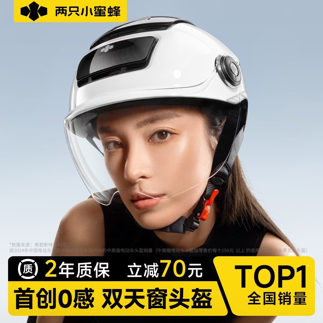 两只小蜜蜂电动车头盔3C男女士夏季防晒透气四季通用半盔摩托车电瓶车安全帽 3.0熊猫白【变色长镜】赠头盔锁+内衬 男女通用【头围58-62cm】