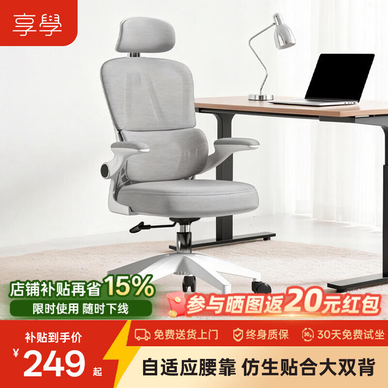 享学人体工学椅电脑椅电竞椅久坐护腰座椅家用舒适撑腰办公椅老板躺椅 【自适应腰靠 仿生贴合大双背】灰色海绵款