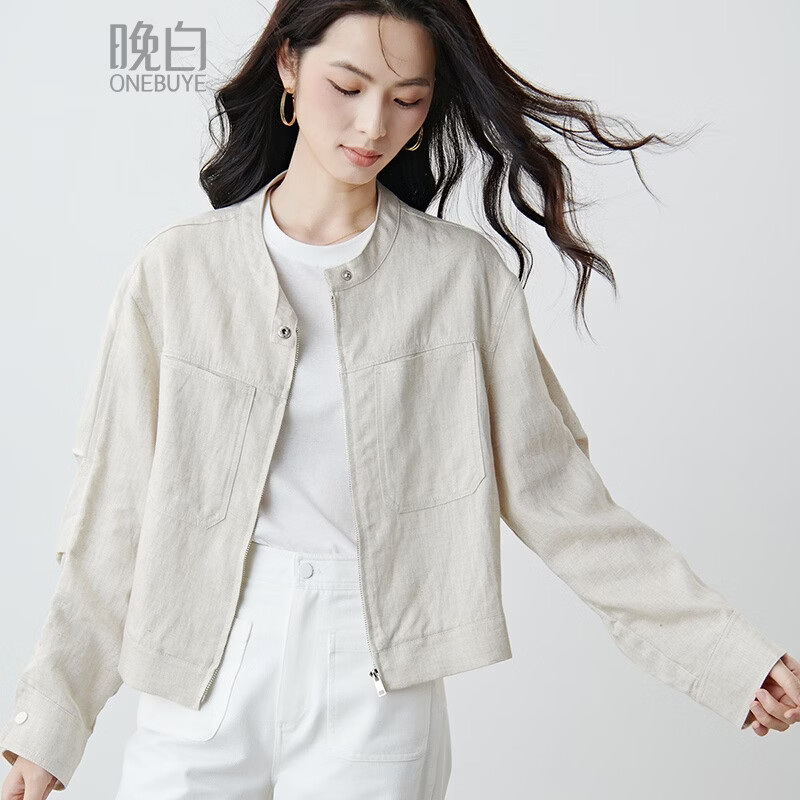 晚白【新品】2026年春款立领莱赛尔亚麻上衣气质百搭大码短夹克外套女 米白色 L