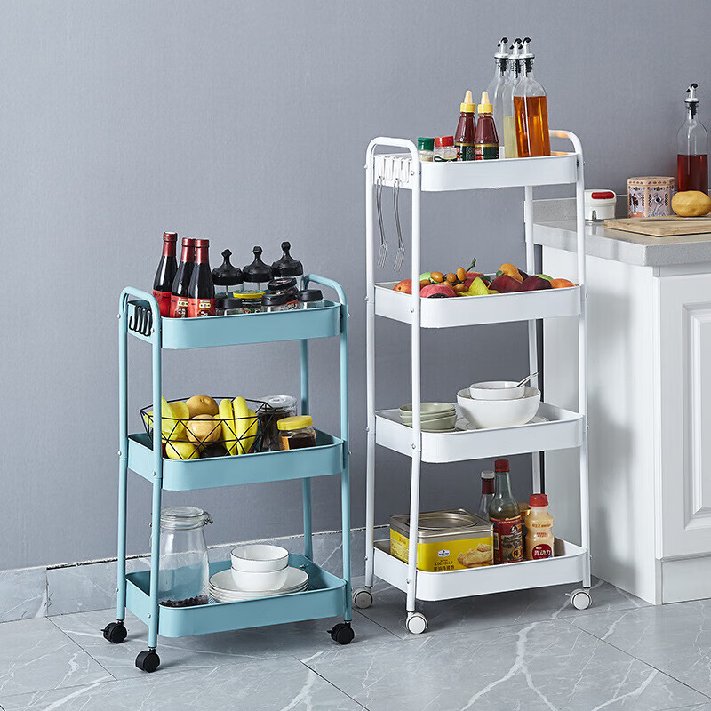简友探碳钢小推车置物架高承重零食客厅儿童玩具杂物框多层可移动夹缝架 蓝色升级碳钢三层【两个万向轮+两个可刹车轮】