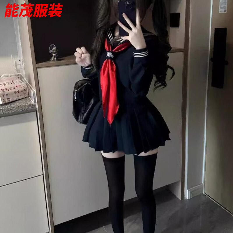 萱眸日系JK制服正统水手服基础款绀三本上衣新品萌妹中间服套装女 绀三本短/袖+裙子+红/领巾 S