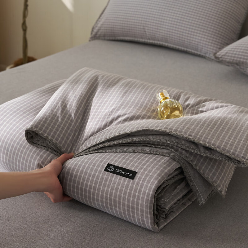 猫人（MiiOW）A类里外全棉夏被新疆棉花夏凉被四件套单双人可机洗空调被宿舍 小灰格 【100%优质棉花填充】 1.5m夏被四件套【150*200cm单夏被+床单+枕套*2】