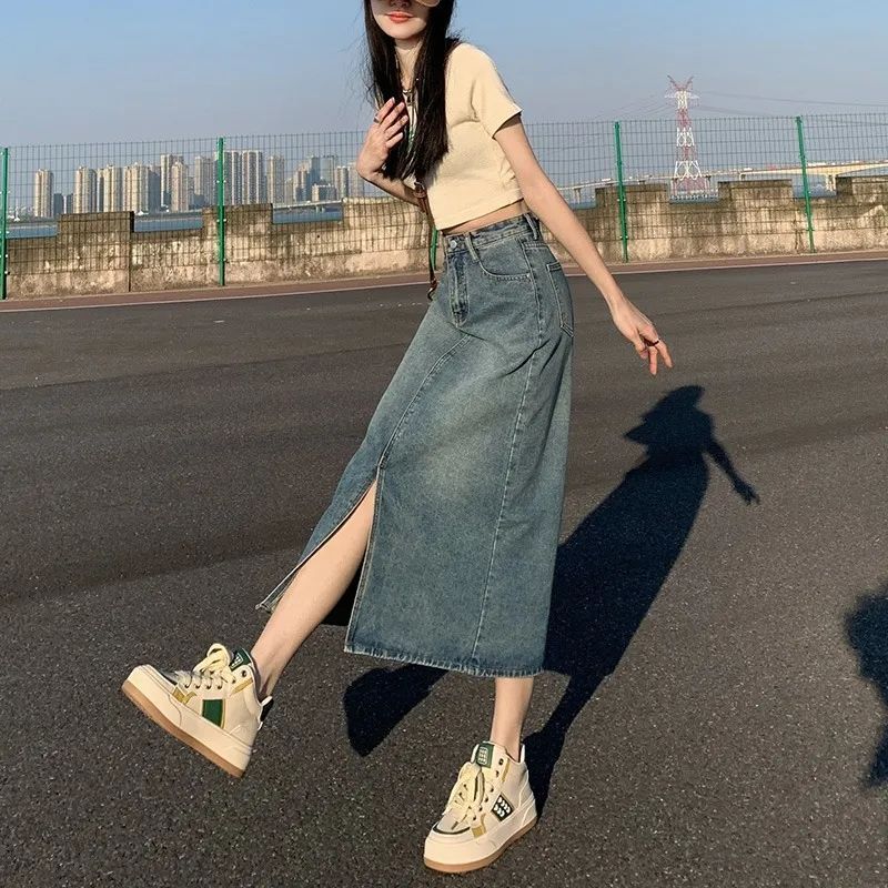 CronetKcnsy2026春秋款复古开叉牛仔半身裙女宽松显瘦高腰中长款百搭a字裙子 2-22复古蓝 L 推荐105-115斤