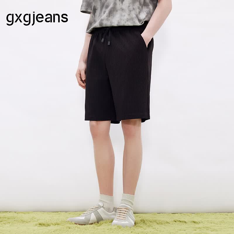 gxgjeans【服装五折】男装  黑色休闲华夫格肌理抽绳宽松直筒短裤26夏新品 黑色 L (175) -31码