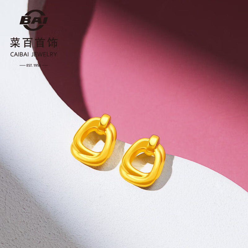 菜百首饰 黄金耳饰 足金复古轻奢5D几何方形耳钉 计价 约1.90克