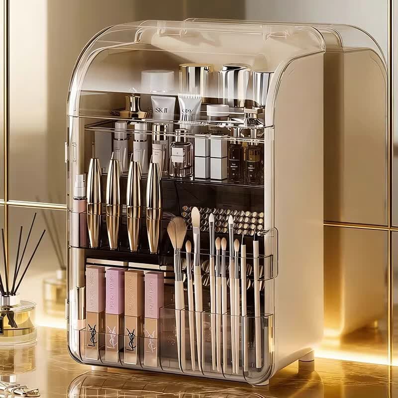 艾仕可（ASCOR）化妆品收纳盒桌面大容量多层防尘透明护肤品置物架高级感梳妆台箱 奶油白-多功能化妆盒【磁吸开合+口红格+化妆刷筒】