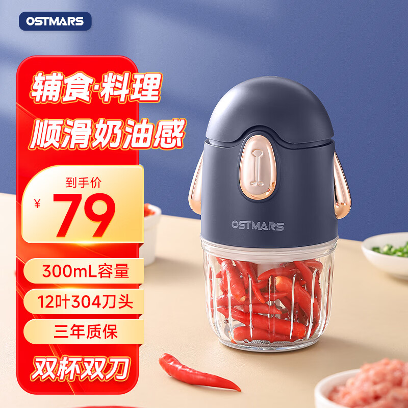 OSTMARS德国家用婴儿宝宝料理辅食机多功能蒜泥神器搅拌碎肉料理机绞肉机 双杯双刀款【12页刀304】轻奢蓝0.3L