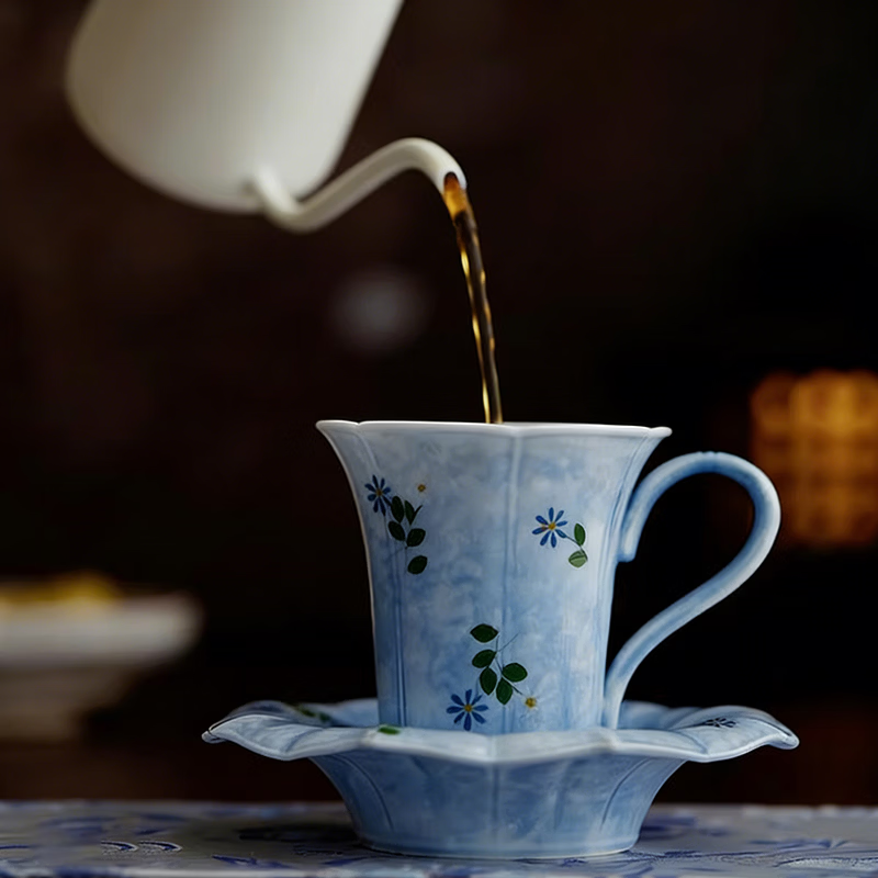 BOSSY文创风纯手绘咖啡杯碟套装高档精致女士主人杯送长辈妈妈生日礼物 青蓝冰水-咖啡杯【礼盒装】