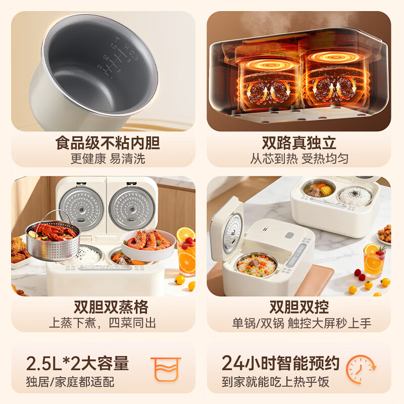 钻石牌（DIAMOND）双胆双控电饭煲低糖电饭锅1-2-3人用微压电压力锅小型迷你2.5+2.5升家用多功能锅煮饭煲汤二合一A 【热销】 5L 钛级不沾内胆+24H预约+12种模式