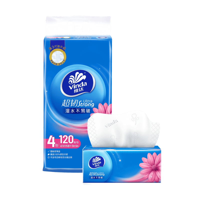 维达（Vinda）抽纸 超韧3层120抽*4包S码 湿水不易破 卫生纸 纸巾 餐巾纸 纸抽