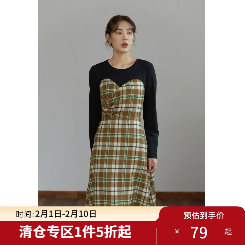 独束大码女装【小森林格纹系列】拼接连衣裙女秋冬新款胖mm显瘦丝绒裙 黑拼格纹长款 XL